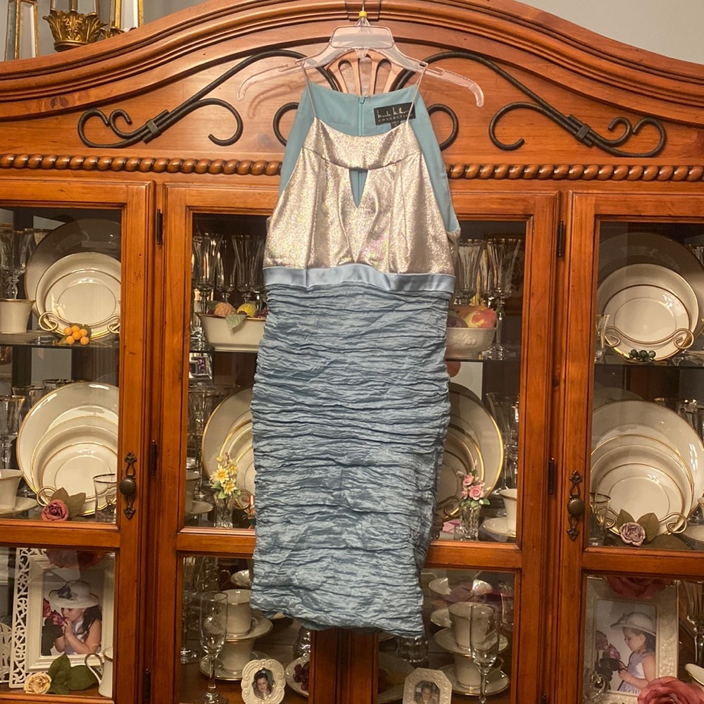 Nicole Miller silver and turquoise ruched halter dress.